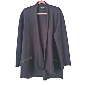 Eileen Fisher Jacket Womens Black 100% Merino Wool Open Front Zip Pocket